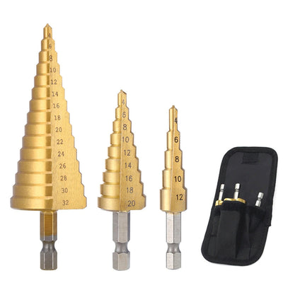 3PCS HSS Steel Drill Bits 4-12mm 4-20mm 4-32mm Titanium Coated for Heat Reduction Perfect for Steel Brass Wood Plastic Drilling Versatile Functionality 3-Sided Shank Design Includes Portable Bag