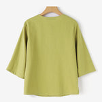 LinkMejor Women Button Summer O-Neck 3/4 Sleeve Solid Blouses Casual Cotton Linen Shirts for Women Loose Fit