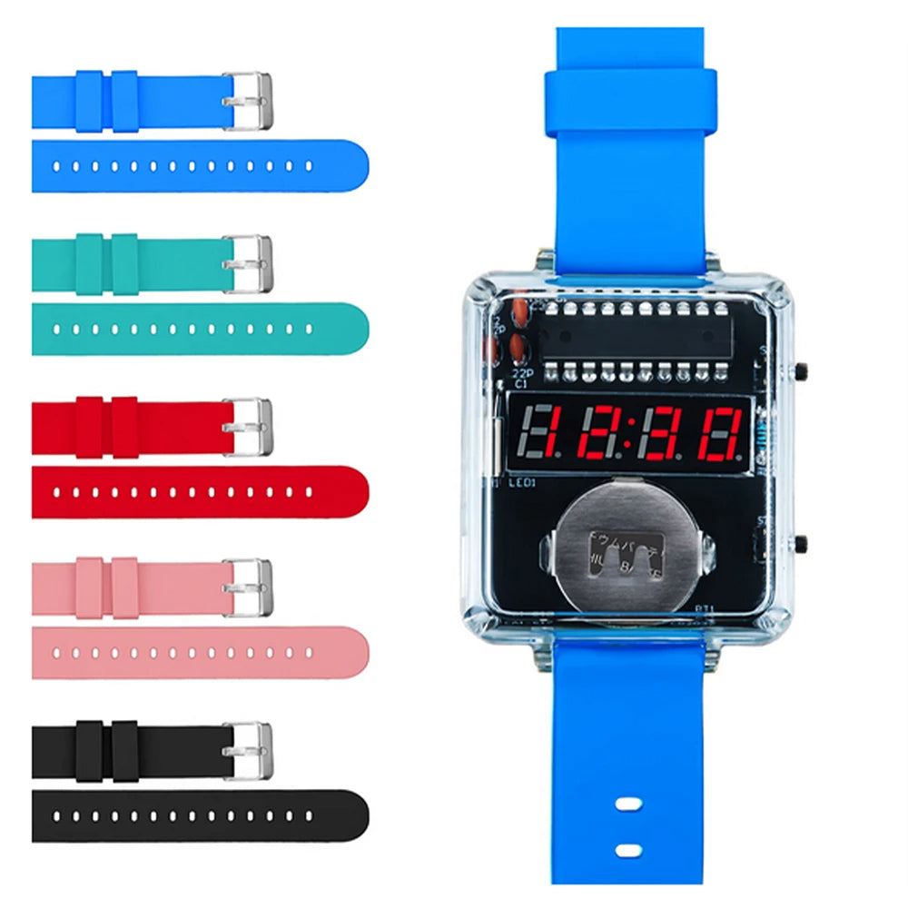 T15 DIY LED Digital Watch Kit Transparent Case Silicone Strap Microcontroller Clear Display Accessories for Soldering Practice