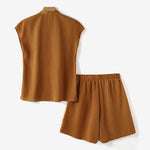 LinkMejor Womens Casual 2pcs Sets Short Sleeve Top Blouse Elastic Waist Pants Loose Suits
