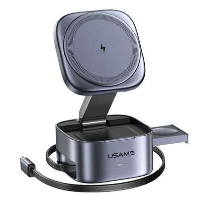 LinkMejor CD257 Qi2.0 3-in-1 Magnetic Wireless Charger 15W Fast Wireless Charging Stand with Retractable Cable for iPhone 17 17Pro 16 Pro Max 15 14 13 for Android Phone for Apple Watch for Airpods Portable Foldable Design