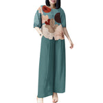 LinkMejor Womens Two-Piece Set Lady Elegant Sets Crew Neck Lantern Sleeve Graphic Print Tops Wide Leg Trousers Suits