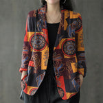 LinkMejor Womens Ethnic Prints Blazer Vacation Thin Suit Coat Retro Lapel Cotton Linen Printing Long Sleeve Blazer