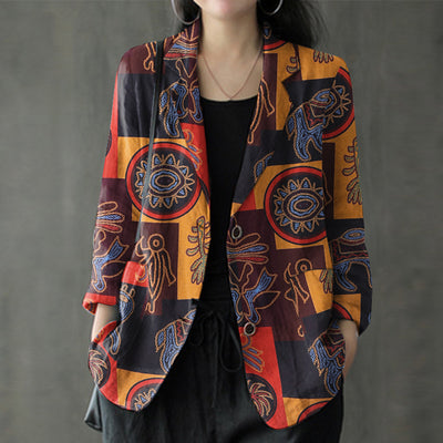 LinkMejor Womens Ethnic Prints Blazer Vacation Thin Suit Coat Retro Lapel Cotton Linen Printing Long Sleeve Blazer