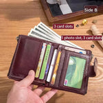 LinkMejor Cow Leather Men Wallet Short with Chain Multi Card Slot Double Zipper Business Retro Coin Purse Holder Credit Card Organizer Stylish Male Money Clutch Bags