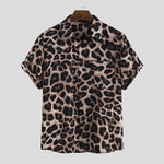 LinkMejor Summer Leopard Print Shirts Fashion Men Short Sleeve Lapel Shirt Casual Floral Blouse Men Hawaiian Beach Tops