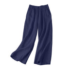 LinkMejor Women Cotton Elastic Waist Solid Color Long Pants Casual Loose Straight Trousers