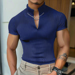 LinkMejor Men's Solid Color Knitted Half Turtleneck Chain Deco Short Sleeve T-Shirt