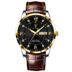 LinkMejor Luxury Rhinestone Business Men Quartz Watch Calendar Week Luminous Pointer Leather Strap Waterproof Wristwatch