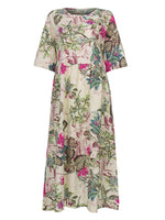 LinkMejor Plus Size Women Beach Long Dress Retro Floral Printed Round Neck Three Quarter Sleeve Pleated Beach Maxi Dresses
