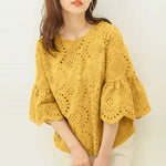 LinkMejor Women Korean Casual Shirt Daily Embroidery Hollow Ruffle Sleeve Blouses