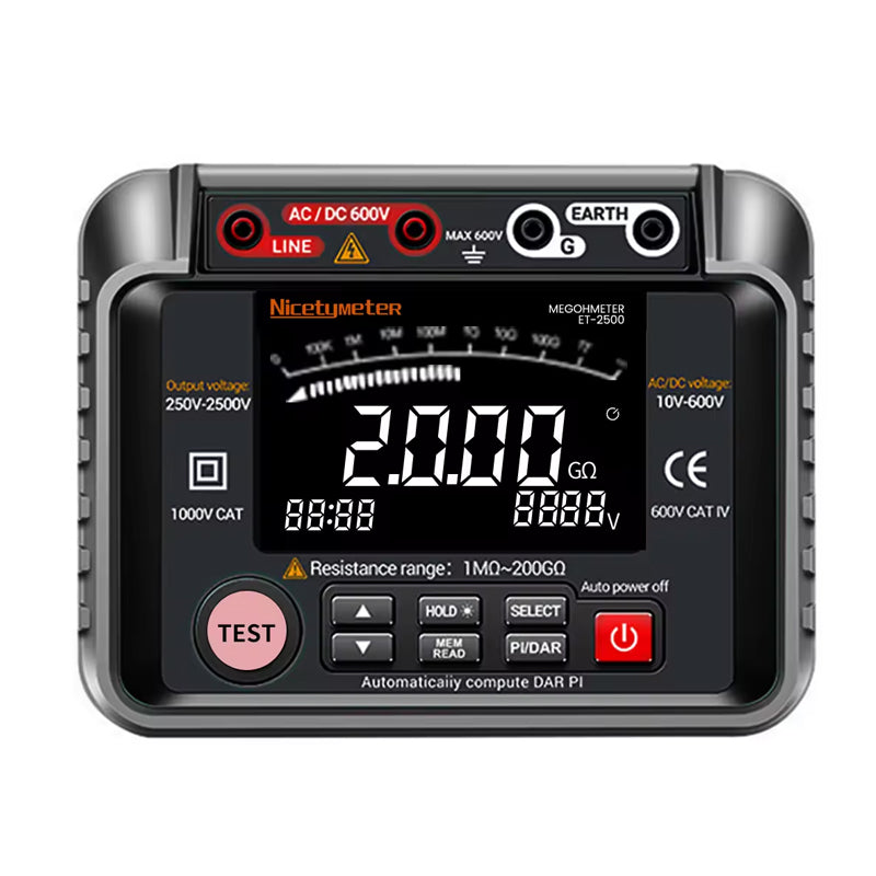 Insulation Resistance Tester High Voltage Megohmmeter 250V-2500V 1MΩ-40GΩ Digital Display AC DC Voltage Measurement Auto Range Professional Electric Testing Device