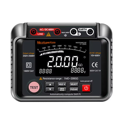 Insulation Resistance Tester High Voltage Megohmmeter 250V-2500V 1MΩ-40GΩ Digital Display AC DC Voltage Measurement Auto Range Professional Electric Testing Device