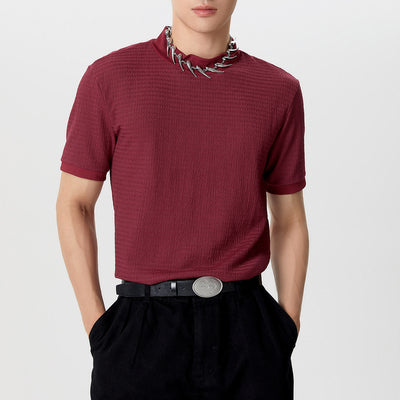 LinkMejor Mens Half-collar Solid Knitted pit-stripe Short Sleeve T-shirt