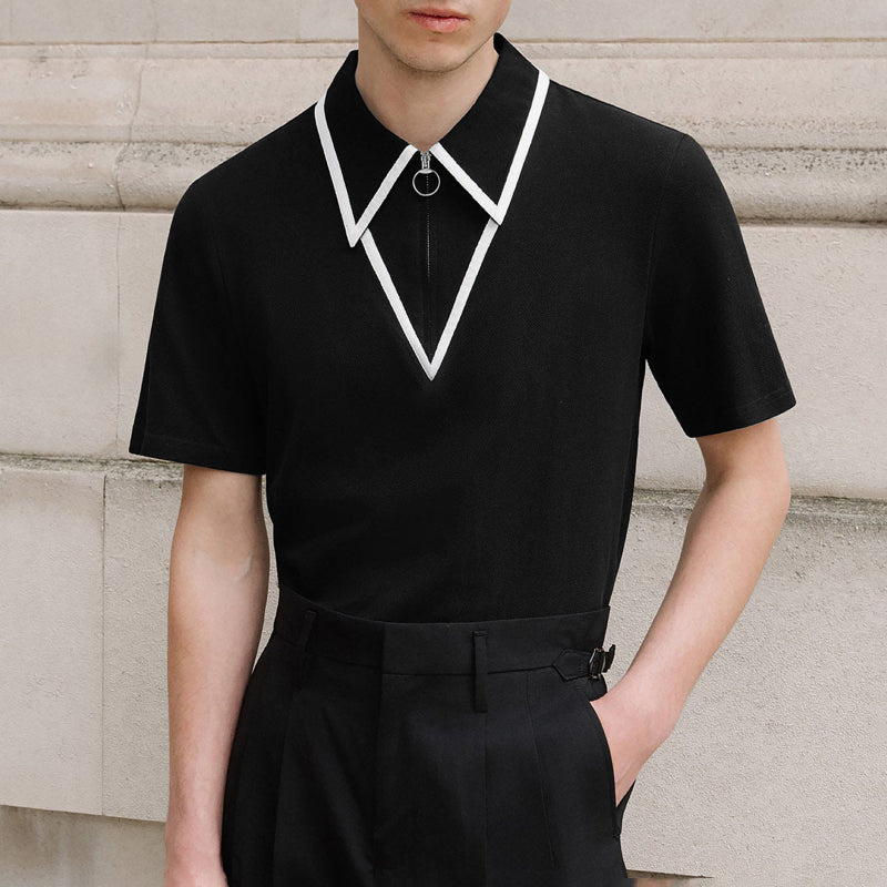 LinkMejor Mens Fashion Design Spliced Collar Shirt Comfortable Fabric Short Sleeve Zipper Lapel Top for Male S-5XL