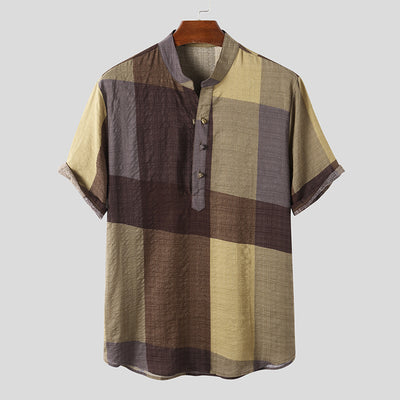 LinkMejor Solid Men's Shirt Top Retro Color Block Plaid Shirts Short Sleeve Closure Summer Henley Shirt Button Up Casual Shirt for Daily Vacation Resorts Beach Shirts for Men