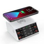 100W 8-Port USB PD Charger 4USB-A QC3.0+4USB-C PD3.0 Fast Charging Desktop Charging Station with 15W 10W 7.5W 5W Wireless Charger Pad EU Plug US Plug for iPhone 12 13 14 14Pro for Samsung Galaxy S23 for Oppo Reno9 for Redmi K60
