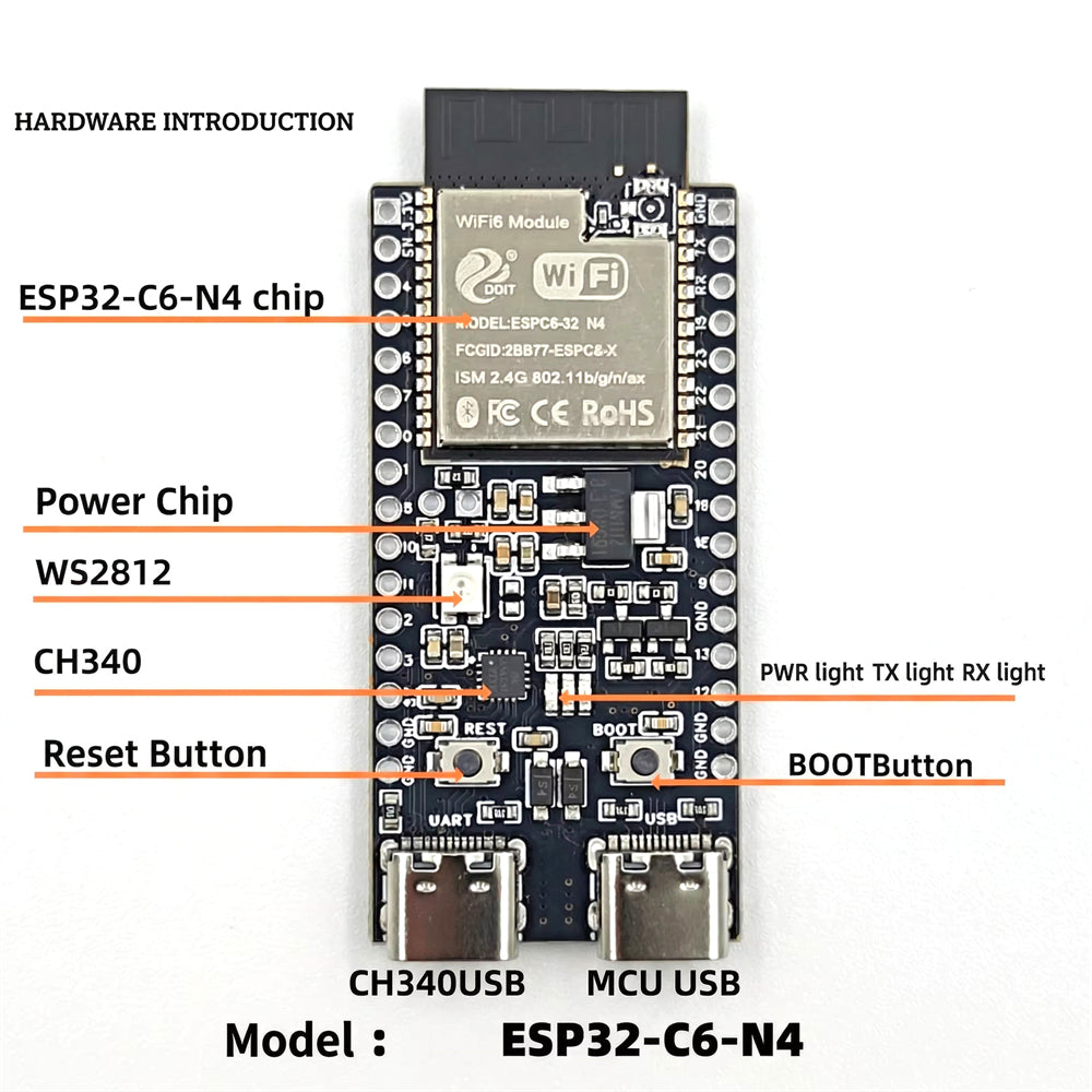 ESP32-C6-DevKitC-1 Development Board ESP32-C6 N4 Wi-Fi 6 Bluetooth 5 LE RISC-V 160 MHz 512KB SRAM 12-Bit ADC SPI UART I2C Module