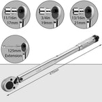 5PCS Torque Wrench Set 28-210Nm Bi-Directional Heat-Treated Steel Includes 3 Sockets 1 Extension Bar High Precision Tool