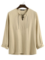Mens Solid Lace-Up Neck 100%Cotton Long Sleeve T-Shirt