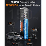 Portable Air Compressor 150PSI Rechargeable 10000mAh Tire Inflator Fast Inflation 5 Modes Digital Gauge LED Light for Car Bike Motorcycle Ball Camping Travel Accessories