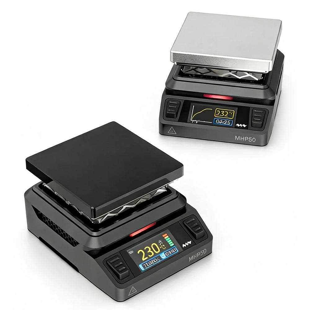MHP50-A5/B5 for MINI WARE Mini Hot Plate Preheater 50×50mm 100-350°C DC 19-24V/PD 20V Up To 150W Color LCD Heating Curve Pocket Size Soldering Station