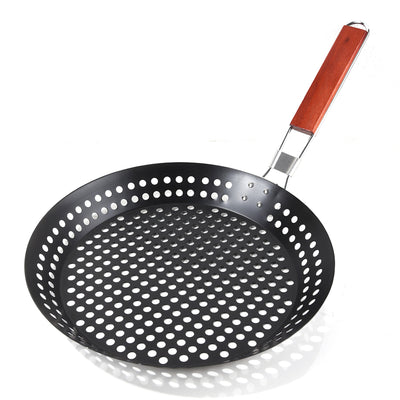 IPRee BBQ Grill Basket Round Perforated Grilling Pan with Folding Handle for Camping Picnic BBQ Folding Outdoor Barbecue and Baking