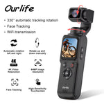 Ourlife 4K Handheld Action Camera 330 Degree Face Tracking Gimbal Stabilizer 64MP Pocket Digital Camera 1.72 Inch Touch Screen WiFi Sports Cam