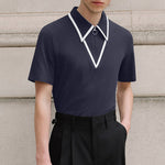 LinkMejor Mens Fashion Design Spliced Collar Shirt Comfortable Fabric Short Sleeve Zipper Lapel Top for Male S-5XL