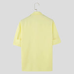 LinkMejor Mens Asymmetrical Pleated Short Sleeve Shirt Casual Solid Color Lapel Top for Male