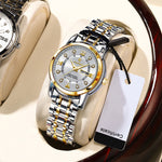 LinkMejor Women Luxury Quartz Watch Date Dial Analog Fashion Business Casual Wrist Watch Luminous Waterproof Steel Band Lady Watch