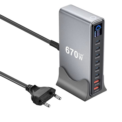 [GaN Tech] LinkMejor YMX-LCD 670W 8-Port USB PD Charger with Digital Display 2USB-A+6USB-C PD QC Fast Charging Desktop Charging Station EU Plug for iPhone 17 17Pro 16 Pro Max 15 14 for Huawei Mate XTs for OPPO
