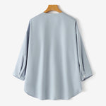 LinkMejor Womens Daily Casual Crew Neck Puff Sleeve Shirts Office Lady Button Up Solid Blouses with Pockets
