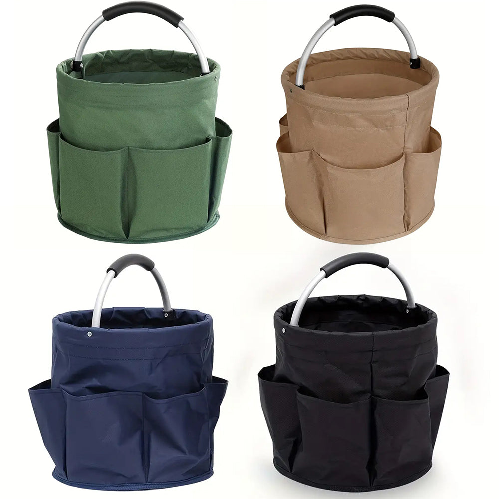 600D Oxford Cloth Tool Organizer Bag 17L Foldable Storage Basket with 6 Compartments Zipper Drawstring Carry Handle for Gardening and Travel