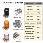 60PCS WH148 Potentiometer Switch Kit B5K/10K/20K/50K/100K Ohm 15mm Shaft with Black/Silver/Golden Knobs for Audio Control Electronic Projects