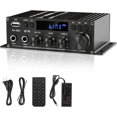 AK-390 Mini Bluetooth 5.0 Stereo Amplifier 400W+400W 2 Channel Home Audio Receiver HiFi Power Amp with FM Radio & Karaoke for Speakers Car Party