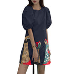 VONDA Women Bubble Short Sleeve Midi Dress Animal Print Cute Crew Neck Beach Dress Plus Size