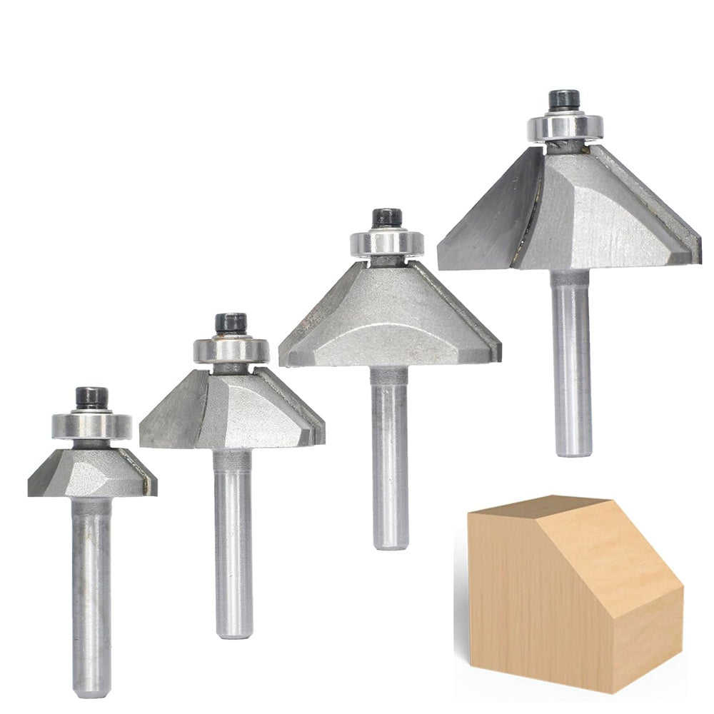 4PCS 45 Degree Chamfer Router Bit Set 1/4" Shank Carbide Tipped 1/4" 1/2" 3/4" 7/8" Bevel Length for Edge Forming Woodworking Tool
