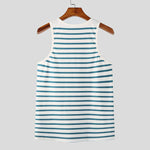 LinkMejor Men Tanks Top Blue White Knitted Undershirt with Horizontal Stripes Buckle Back High Stretch Vest for Men