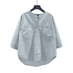 LinkMejor Womens Daily Casual Crew Neck Puff Sleeve Shirts Office Lady Button Up Solid Blouses with Pockets