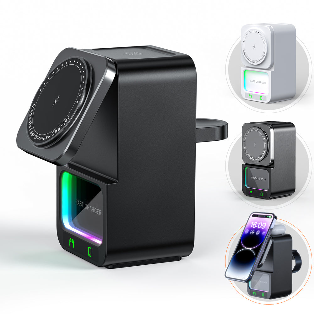 DH19 5-in-1 15W Wireless Magnetic Charger Come with bluetooth Speaker Night Light Function Fast Wireless Charging Station for Smart Phone for iPhone 17 17Pro 16 15 14 Pro Max for Huawei Pura 80 Ultra for XIAOMi for Apple Watch for Airpods