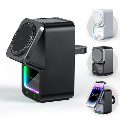 DH19 5-in-1 15W Wireless Magnetic Charger Come with bluetooth Speaker Night Light Function Fast Wireless Charging Station for Smart Phone for iPhone 17 17Pro 16 15 14 Pro Max for Huawei Pura 80 Ultra for XIAOMi for Apple Watch for Airpods