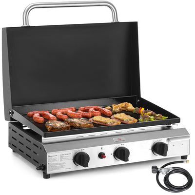 LinkMejor 23 Inch Portable 3 Burner Propane Gas Griddle, 21000 BTU Flat Top Grill with Lid, Griddle with Nonstick Enameled Tray Grease Pan For Camping BBQ