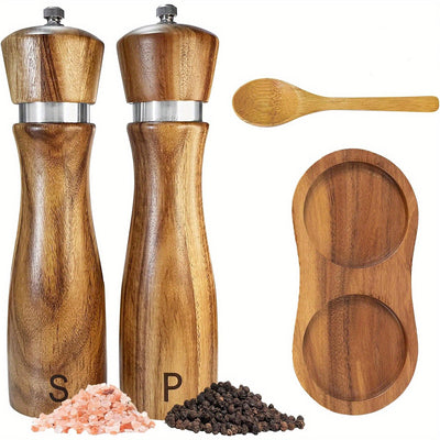 IPRee 2pcs/pack Wooden Salt And Pepper Grinder Set Solid Acacia Wood Crafted Adjustable Coarseness Manual Grinder with Mill Tray & Spoon