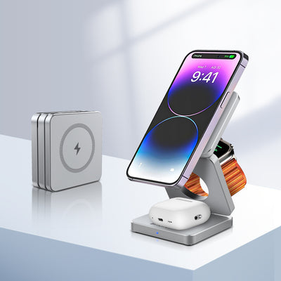 LinkMejor BW-iw30 3-in-1 Foldable Magnetic 15W Wireless Charger Fast Charging Station for iPhone 15 14 13 12 Pro/Max/Plus for Apple Watch 9/8/7/6/5/4/3/2/SE/Ultra 2 for AirPods 3/2/Pro