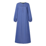LinkMejor Women Vintage Round Neck Denim Dresses Casual Lantern Sleeve Solid Maxi Dress