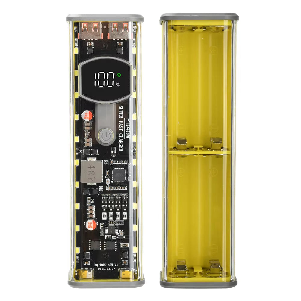 8x18650 DIY Power Bank Case PD45W Fast Charging LED Screen Transparent Battery Storage Shell Type-C Port without Battery