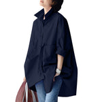 LinkMejor Womens Office Casual Solid Color Long Sleeve Shirts with Pockets Elegant Lapel Button Up Midi Blouse