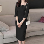 LinkMejor Womens Party Daily 7/8 Sleeve Small V-neck Design Slim Segmented Dress Solid Color Elegant Midi Dress