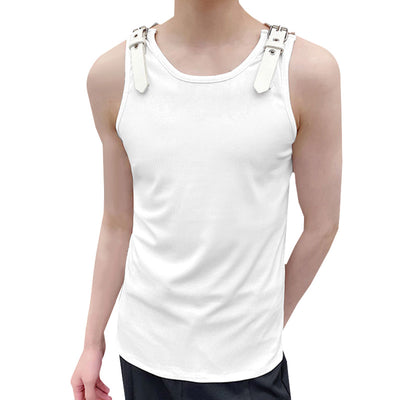 LinkMejor Mens Tank Top Fashion Leather Shoulder Strap Design Solid Color Knitted Vest Summer Sleeveless Men's Undershirts